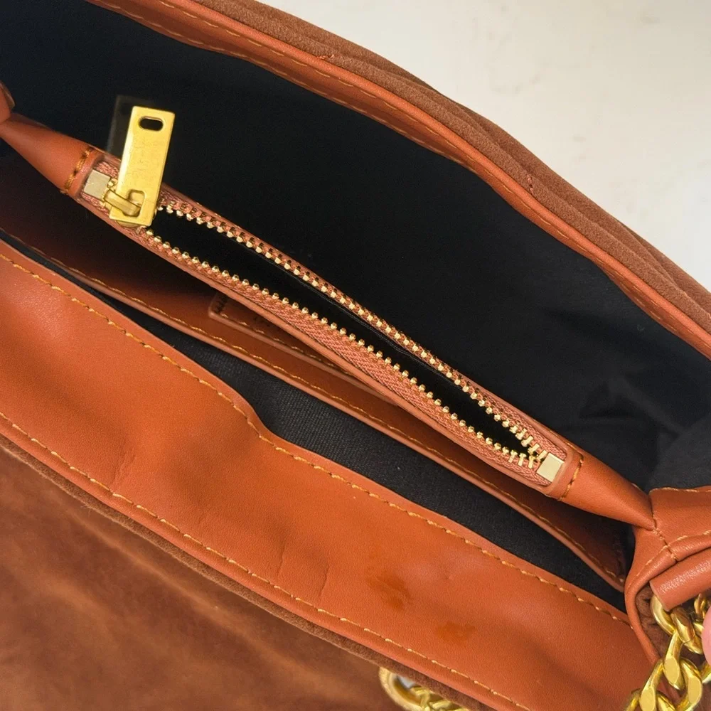 Brown Tan Quilted Shoulder Bag with Gold Chain - Picture 7 of 14